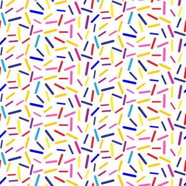 Tatlıların üzerine tahıl serpin. Rastgele dağılmış renkli tatlı taneciklerle kusursuz soyut desen. Tatil tasarımı, parti, doğum günü, davetiye. Vektör basit tatlı konfeti