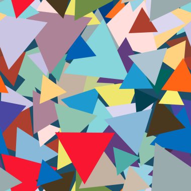 Parlak eşkenar üçgenlerin soyut ve pürüzsüz deseni rastgele. Kutlama tasarımı için geometrik renkli üçgen dokusu. Davetiyeler, kapak, duvar kâğıdı, kart, web tasarımı için mükemmel bir uyum. Vektör