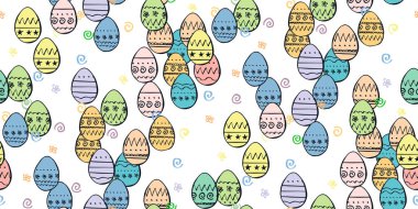 Paskalya desenli beyaz karikatürlü parlak yumurtalar. Süslü dekoratif renkli paskalya yumurtaları. Baskı, ambalaj kağıdı, ambalaj, tekstil tasarımı. Kusursuz vektör çizimi