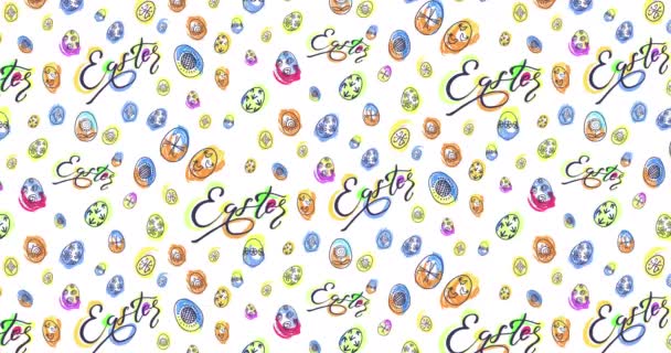 Gelukkig Pasen Patroon Met Cartoon Heldere Eieren Tekst Wit Decoratieve — Stockvideo