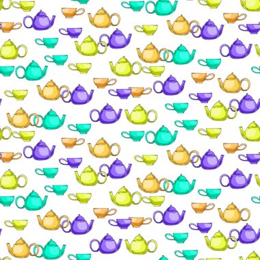 Renkli çay, kahve fincanları ve çaydanlıklar. Tasarım, tekstil baskıları, hatıra defteri, ambalaj kağıdı, duvar kağıdı için bembeyaz üzerine sade, pürüzsüz el kapları ve kaplar çizildi. Vektör illüstrasyonu