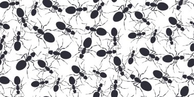 Koloni karıncaları. Beyaz üzerine kusursuz desenli böcekler. İşçi karıncalar yürüyüş, takım çalışması. Düz stil böcekler. Yatak izleri, telefon kılıfları, ambalaj kağıdı, kumaş, duvar kâğıdı için tasarım. Vektör