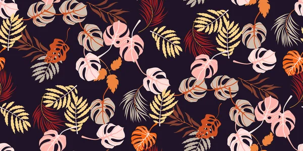 Kleurrijke Bladeren Trendy Stijl Donkere Achtergrond Vintage Bladeren Tropische Palm — Stockvector