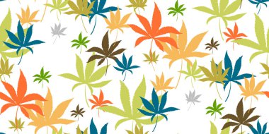 Renkli marihuana keneviri yapraklı kusursuz bir desen. Eski model kenevir yaprakları. Tıbbi tasarım için. Marihuana Yasallaştırma. Tekstil, ambalaj malzemeleri ve afiş için şablon. Vektör