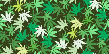 Koyu yeşil marihuana yapraklı pürüzsüz desen. Tıbbi tasarım için eski model kenevir yaprakları. Marihuana Yasallaştırma. Tekstil, ambalaj malzemeleri, afiş ve ağ için şablon. Vektör