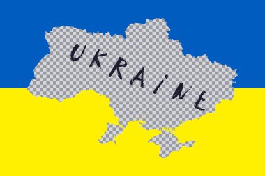 Ukrayna bayrağı, Avrupa devleti. Mavi ve sarı çizgiler, saydam Ukrayna haritası, harfler. Bağımsızlık için savaş. Herhangi bir amaç için vektör grafik illüstrasyonu, yazdırma tasarımı, harita, poster, afiş