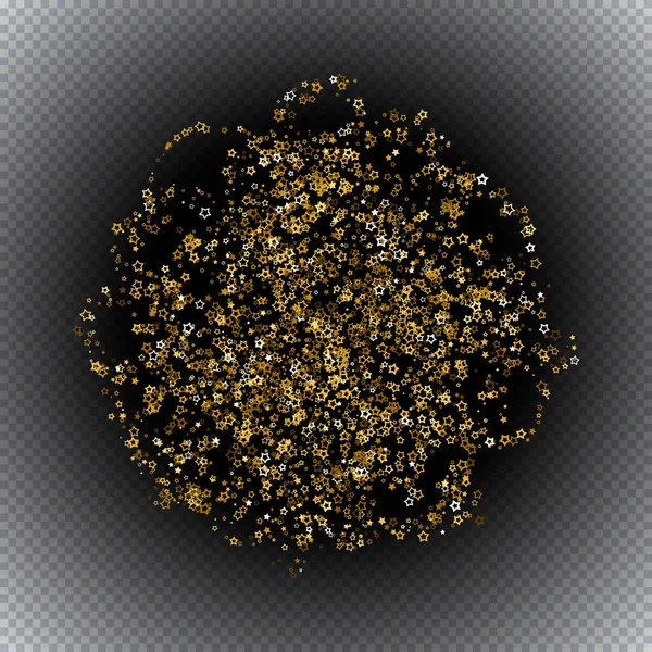 Siyah üzerine izole edilmiş altın gerçekçi uçan yıldızlar. Şatafatlı, küçük, parlak, rastgele bir yıldız düşüyor. Küçük parlak yıldızların yuvarlak çerçevesi. Dekoratif Altın Noel parıltılı yıldız, yıldız tozu. Vektör