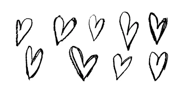 Set Unique Hand Drawn Hearts Black Pencil Drawing Heart Love — Vettoriale Stock