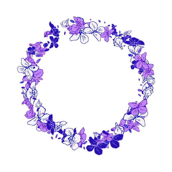 Lovely bright flowers. Summer round frame with hand drawing violet blue flowers. Flower wreath. Botanical design for printing, wedding, birthday, mothers day, invitation, anniversary, card. Vector