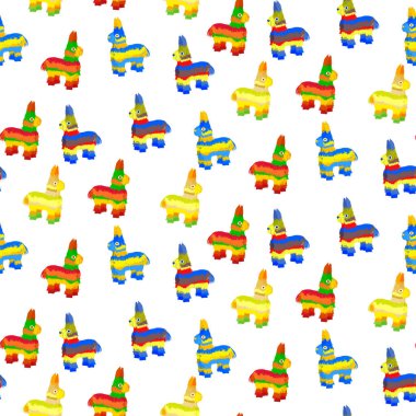 Renkli pinyata geleneksel Meksika oyuncağı. Beyaz üzerinde şirin eşek pinyatası olan kusursuz bir desen. Parlak çizgili pinata. Vektör tasarımı kumaş, duvar kağıdı, ambalaj kağıdı, tatil dekorasyonu Cinco de Mayo