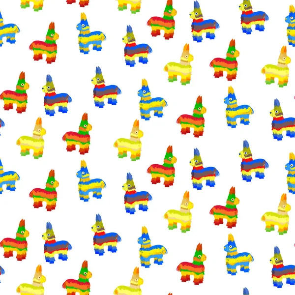 Renkli pinyata geleneksel Meksika oyuncağı. Beyaz üzerinde şirin eşek pinyatası olan kusursuz bir desen. Parlak çizgili pinata. Vektör tasarımı kumaş, duvar kağıdı, ambalaj kağıdı, tatil dekorasyonu Cinco de Mayo