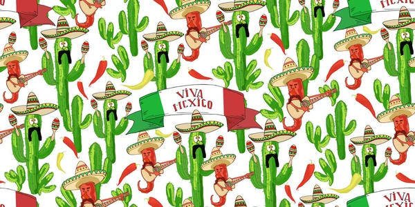 マラカスやギターで遊んでいる面白いピーマンとサボテン 伝統的なメキシコ文化のシンボルとシームレスなパターン ファブリック 包装紙 休日の装飾のためのベクトルデザイン Cinco Mayo — ストックベクタ