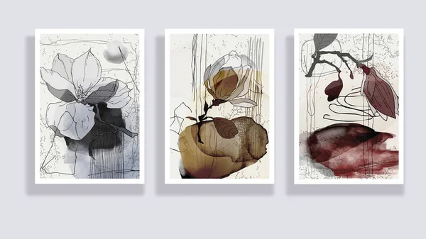 Ensemble Tendance Fleurs Magnolia Formes Abstraites Art Mural Botanique Minimal — Image vectorielle