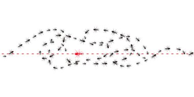 Koloni karıncaları. İşçi karıncalar yürüyor, bir karınca yön değiştiriyor. Kendin ol, farklı düşün. Çizgiyi aşmak, yenilik, eşsiz liderlik, farklı bir yol, yeni bir fikir. Kusursuz vektör