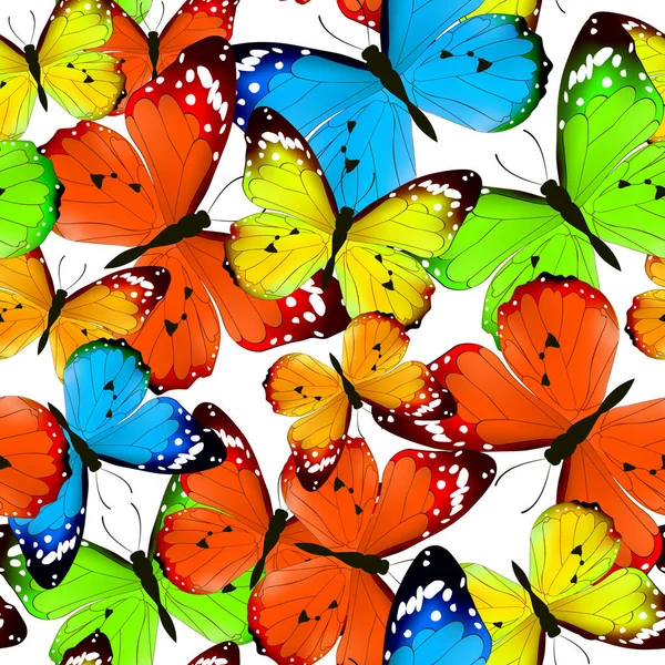 五彩斑斓的蝴蝶 展翅齐全 尽收眼底 无缝图案美丽的蝴蝶在白色上 纺织品 包装纸 夏威夷风格衬衫的矢量夏季设计 — 图库矢量图片