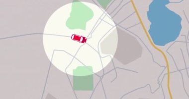 GPS izleme konsepti. GPS-navigasyon sistemini haritala. Akıllı Telefon Uygulama Haritası. Kusursuz döngü. Kırmızı arabalı seyahat eden şehir haritası arkaplanının 4k animasyonu