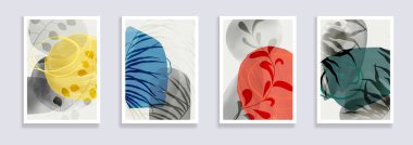Minimalist tropikal yapraklar ve soyut formlar. Asgari botanik duvar sanatı. Orta çağ modern grafikleri. Sosyal medya, blog, baskı, kapak, duvar kağıdı için bitki tasarımı. Vektör