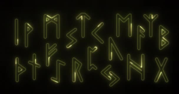 闪耀五彩缤纷的霓虹灯神奇的符文符号 动画运行模式 Futhark的民族语言字母 古代挪威神秘的象征使信件闪烁着五彩缤纷的霓虹灯 4K视频运动图形 — 图库视频影像