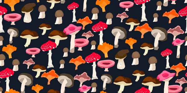 森林蘑菇 无缝合线花纹 菌丝蘑菇 果子菌 香菇等 纺织品 包装材料 包装纸的手绘设计 — 图库矢量图片