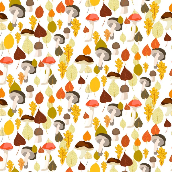 秋天的叶子和蘑菇在白色背景上无缝排列 森林装饰用植物元素纺织 包装材料 包装纸 矢量说明 — 图库矢量图片