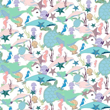 Deniz hayatı. Parlak balinalar, denizanası, deniz kaplumbağası, deniz atı, yunus. Sualtı dalışı, deniz yolculuğu. Tekstil, ambalaj kağıdı, kumaş, duvar kağıdı, duvar sanatı için vektör tasarımı