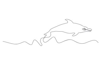 Yunus denizde yüzüyor. Beyaz üzerine yunus çizen siyah bir çizgi. Şirket logosu kimliği için minimalist tarzda modern, sevimli memeli hayvan tasarımı, ulusal su hayvanat bahçesi ikonu konsepti. Vektör