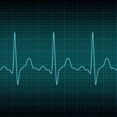 Elektrokardiyogram sorunsuz arka plan. Kalp atışı EKG 'si mavi ekranda neon hattı kaydediyor. İnsan sağlığı muayenesi, tıp testi kalp ritmi. Hastane sayfası ve afişi için vektör tasarımı