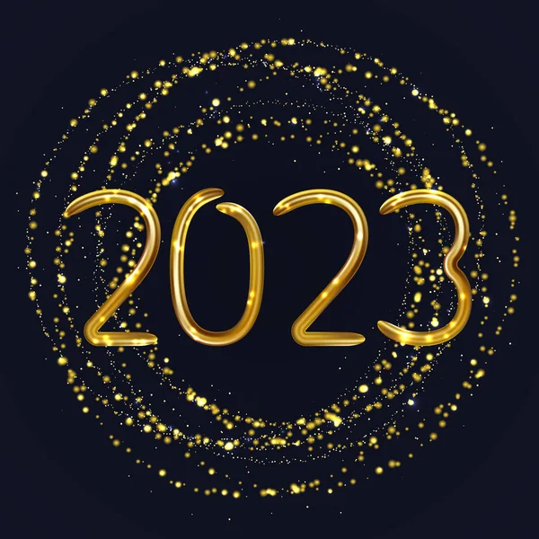 2023 mutlu yıllar. Parlak üç boyutlu yazıtlar, karanlıkta daire şeklinde altın parıltılı desenler. Soyut altın parlayan yarım tonlu noktalı arkaplan. Noel afişleri, kartlar, web siteleri için harika.