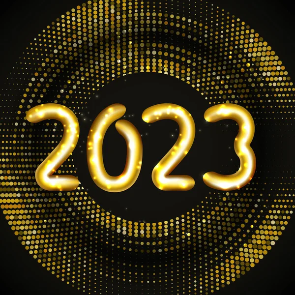 2023 Buon Anno Iscrizione Brillante Motivo Glitter Oro Forma Cerchio — Vettoriale Stock