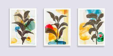 Minimalist tropikal yapraklar ve soyut formlar. Asgari botanik duvar sanatı. Orta çağ modern grafikleri. Sosyal medya, blog, baskı, kapak, duvar kağıdı için bitki tasarımı. Vektör