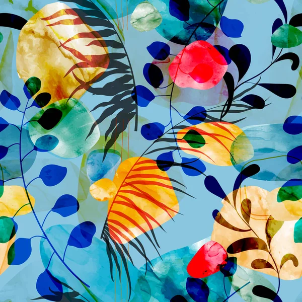 Красивий Безшовний Векторний Квітковий Візерунок Пальмовим Тропічним Листям Абстрактними Формами — стоковий вектор