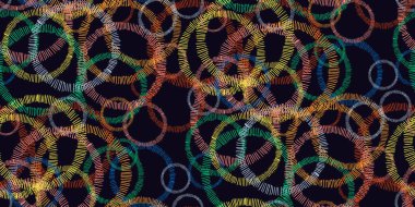 Renkli soyut grunge el çizimi yuvarlak pullar siyah üzerine baskı. Dairesel benek üst üste binen elementler kusursuz desen. Grunge doku dairesi izi. Renk mürekkebi soyut dokularının vektör koleksiyonu