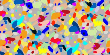 Modern soyut model. El çizimi dikişsiz karalama arkaplanı ve yaz mevsiminde gri üzerine pozitif renklerde rastgele düzenlenmiş doku. Kumaş, ambalaj kağıdı, duvar kağıdı, duvar sanatı için soyut vektör tasarımı