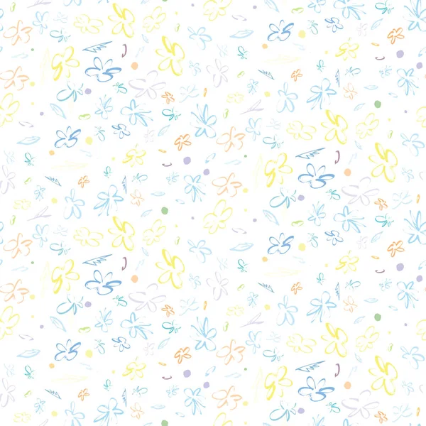 Abstract Flowers on white. Summer seamless pattern with hand drawing colorful flowers. Lovely bright flowers for design printing, wrapping, wallpaper, textiles, wall art. Vector illustration