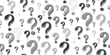 Elle çizilmiş soru işaretleriyle kusursuz desen. Grunge desen şeklinde karalama işaretleri. Siyah-beyaz anket şablonu. Sorgu geçmişi, faq, sorgulama, quiz, anket için tasarım. Vektör