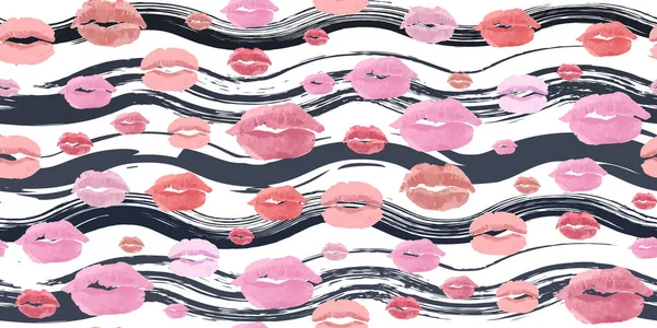 红粉唇化妆品和化妆品无缝图案 美丽的红色唇印 性感的湿唇化妆品 完美的纺织品 网页背景 包装材料 — 图库矢量图片
