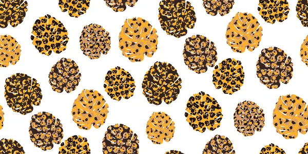 Blättert Monstera Mit Gefleckten Nachahmungen Der Leopardenhaut Tropisches Nahtloses Muster — Stockvektor