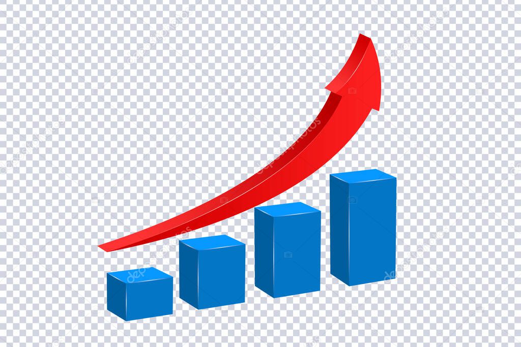 Graph going Up with red arrow on transparent. Financial news. Market movement concept charts up, infographics. Stock price chart visual display. Growth and changes in value. Exchange trading. Vector