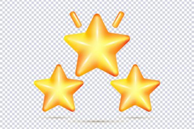 Altın sarısı parlak renkte üç yıldız. Müşteri başarısı ve geri bildirim kavramı. Oyunlarda başarılar. İnternet sitesi çalışanı hakkında yüksek müvekkil derecesi. Gerçekçi 3d vektör çizimi tasarımı