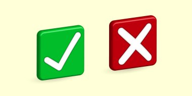 İşaret simgelerini karşılaştır ve kontrol et. Yeşil ve kırmızı kare simge düğmesi Evet ve Hayır, Doğru ve Yanlış, Onaylandı ve Reddedildi konsepti. Uygulamalar için gerçekçi 3d vektör tasarımı, web siteleri sembolü, uygulama logosu web düğmesi