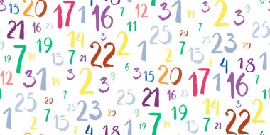 Color Numbers vector symbols. Seamless pattern of hand drawn brush calligraphy font randomly scattered. Mathematical background for kids. Back to school. Modern wallpaper, wrapping paper, textile