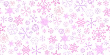 Beautiful seamless Christmas background with various pink complex big and small snowflakes on white. Modern flat design. Winter infinite Holiday Wallpaper. Snowflakes seamless pattern. Vector