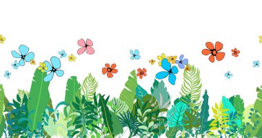 Summer seamless pattern with tropical leaves and bright flowers in trendy style on white. Vector botanical design for printing, wedding, birthday, mothers day, invitation, anniversary, card