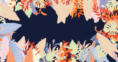 Tropical leaves in trendy style on black. Lovely bright frame with beauty leaves different jungle trees. Natural texture eco background. Botanical graphic pattern for any purposes. Vector illustration