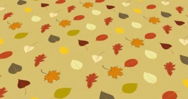 Bright colorful foliage pattern isolated on yellow. Graphic design autumn symbol. Animation red orange yellow dry autumn leaves. Autumn seasonal 4K seamless loop video moving from left to right
