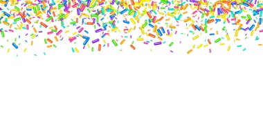 Tatlı taneleri serpiştirin. Kusursuz, soyut desenli, beyaz arka planda gerçekçi, tatlı tanecikler. Tatil tasarımları için tasarım, parti, doğum günü, davetiye. Vektör 3d tatlı konfeti