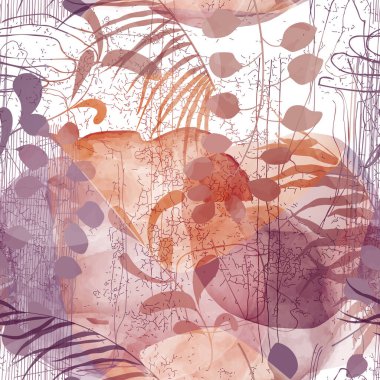 Avuç içi tropikal yaprakları ve soyut formları olan kusursuz vektör desenli güzel bir arka plan. Soyut geometrik doku. Duvar kağıtları, web sayfası arkaplanları, yüzey dokuları, tekstil için mükemmel.