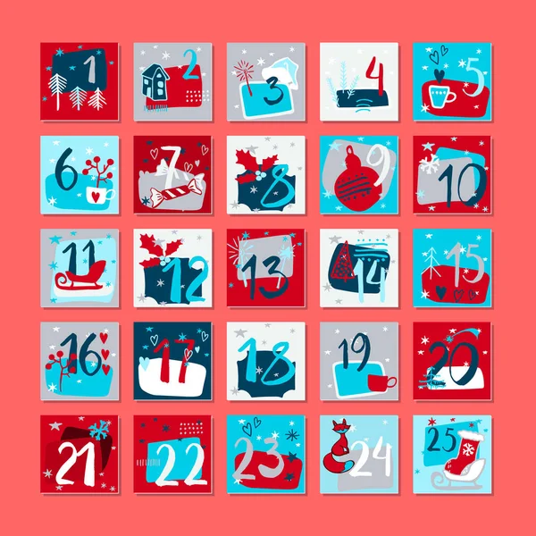 Christmas Advent Calendar Cute Colorful Christmas Ornaments Number Day December — ストックベクタ