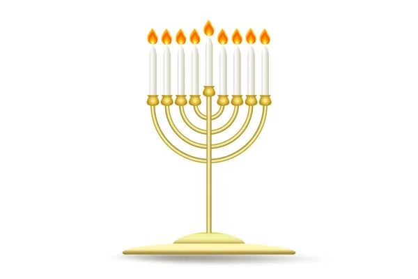 传统的犹太节日光明节 Hanukkah Menorah 传统坎德拉布拉 金色的光明节 点着蜡烛 Hanukkah烛台 白色上有9个蜡烛隔离物体 — 图库矢量图片