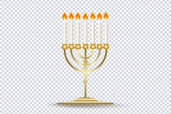 Golden Menorah图标 传统的七分枝犹太烛台 光明正大 点着蜡烛 Hanukkah烛台与蜡烛隔离的物体在透明 矢量说明 — 图库矢量图片